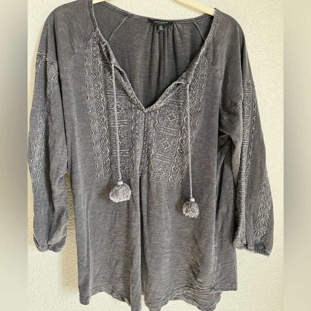 LUCKY BRAND Gray Long Sleeve  Blouse with Embroidery